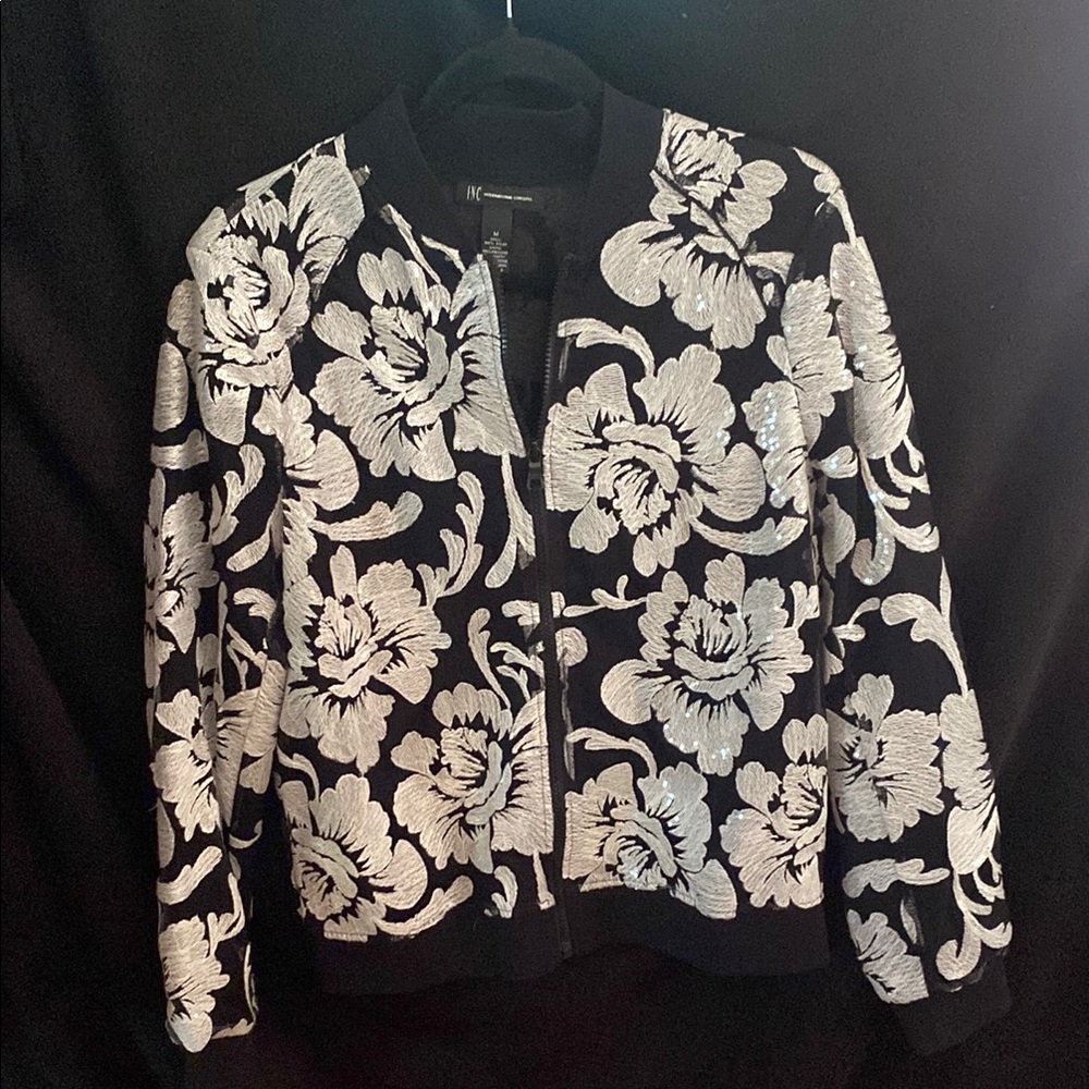 INC International Concepts Black Bomber Jacket with Bold Floral Design